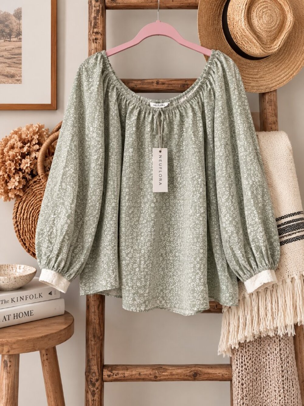 Neuflora Danbury Sage Floral Boho Peasant Blouse Long Sleeve